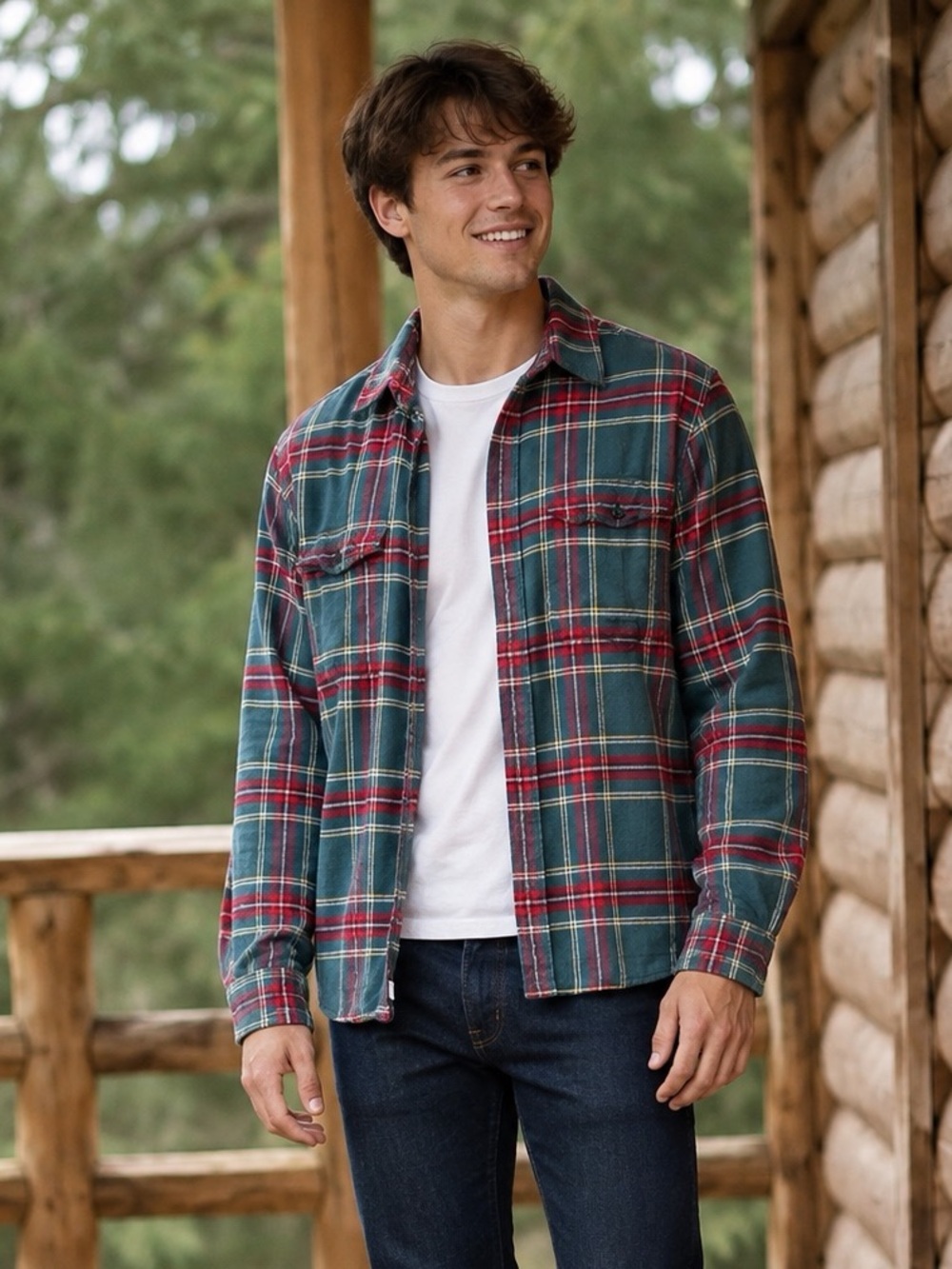 American Eagle Outfitters Green and Red Plaid Button-Front Shirt